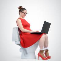 lady in red on toilet