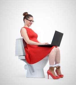 lady in red on toilet